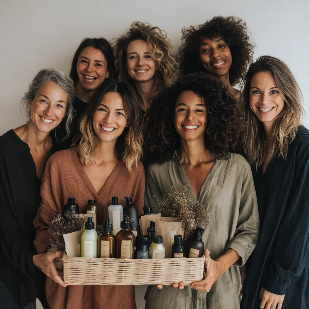 groupe de femmes présentant des produits écologiques, zéro-déchet et éco-responsables